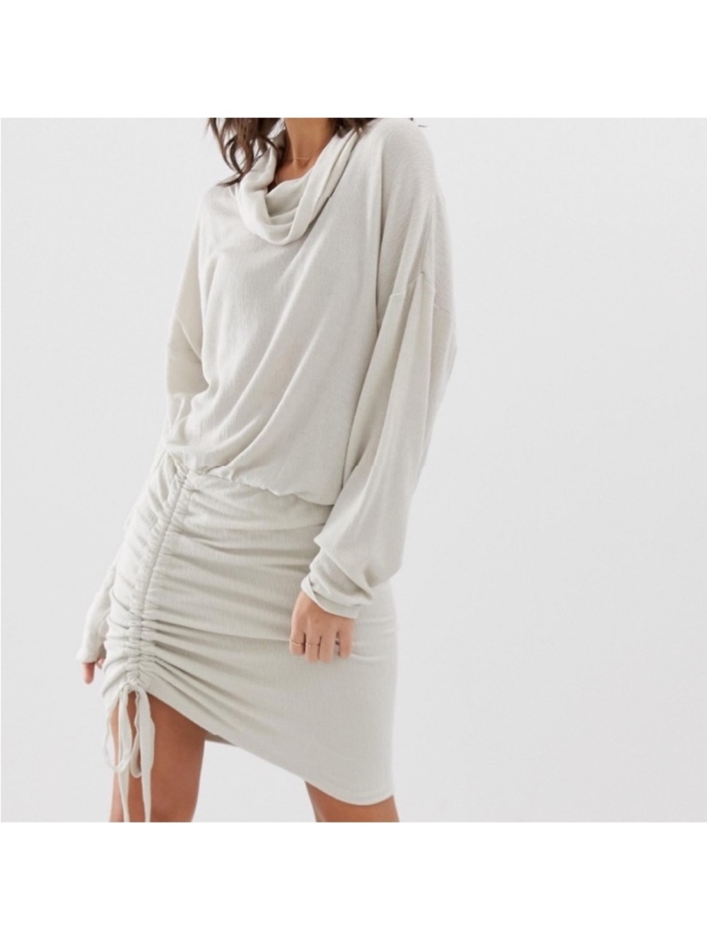 Free People Sundown Beige Ruched Cowl Neck Dress Size Medium